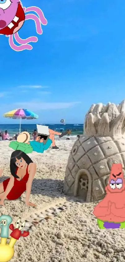 Cartoon beach scene with sandcastle and characters under blue sky.