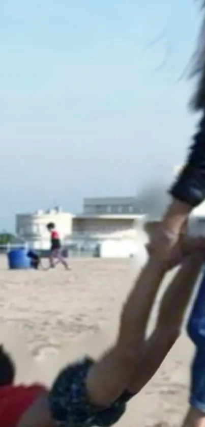 A playful scene on the beach showing carefree fun.