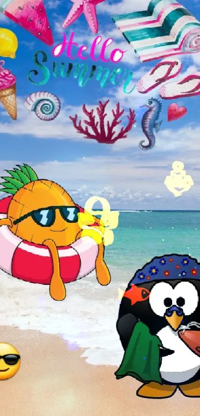 Beach wallpaper with penguin and fruit characters, under a blue sky.