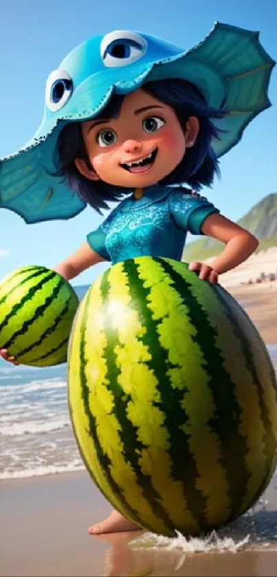 Cartoon character on beach with watermelons, perfect for summer wallpaper.