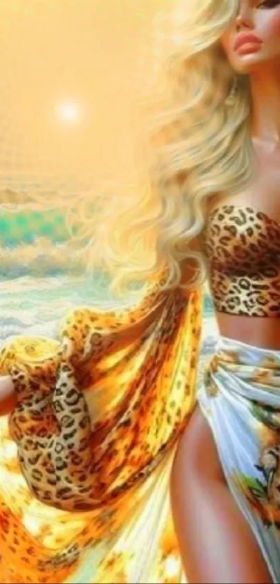 Stylish figure in leopard print at beach sunset wallpaper