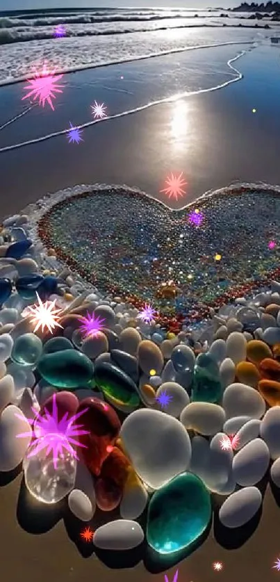 Colorful sea glass heart on sandy beach at sunrise.