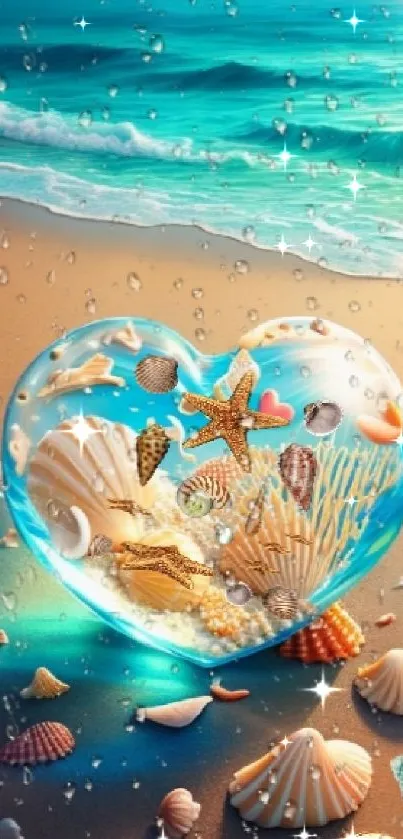 Beach heart with shells in turquoise ocean art.