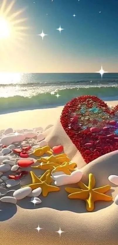 Beach scene with heart-shaped stones and a vibrant sunset over the ocean.