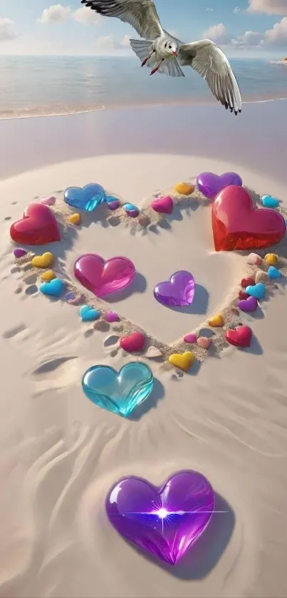 Colorful hearts on a sandy beach with a seagull flying under a blue sky.