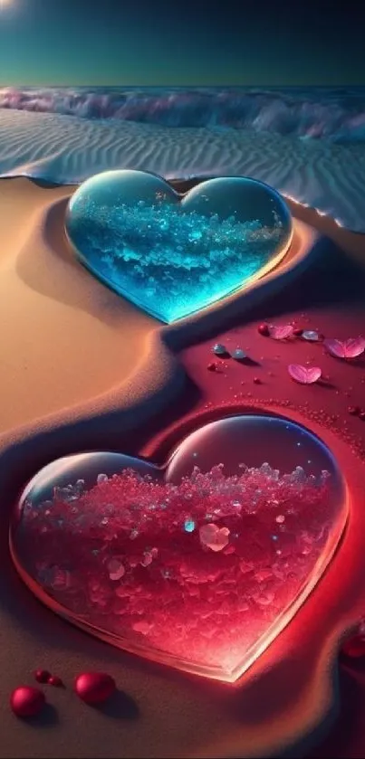 Beach scene with glass hearts on sand, vibrant colors.