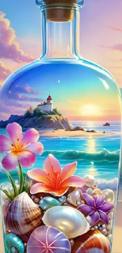Beach in a glass bottle with shells and flowers, vibrant seaside scene.