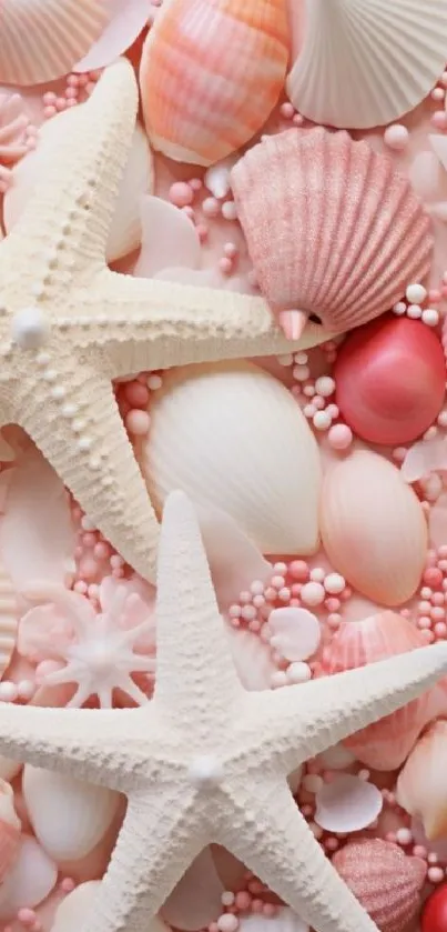 Starfish and pink seashells wallpaper with serene beach vibes.