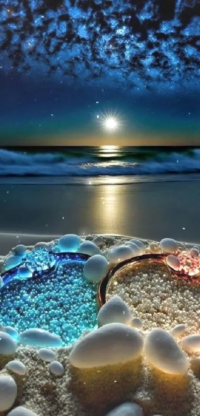 Stunning beach night sky with glowing ocean and colorful jewels.