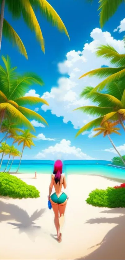 Vibrant tropical beach with palms and clear blue sky.