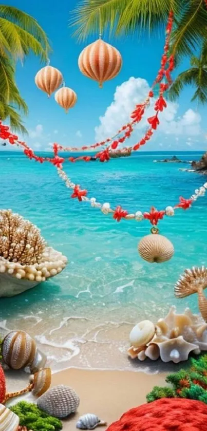 Beach paradise wallpaper with seashells and ocean waves under a sunny sky.