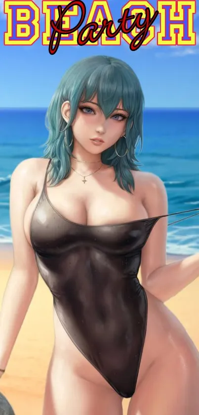 Anime character at beach party with ocean background.