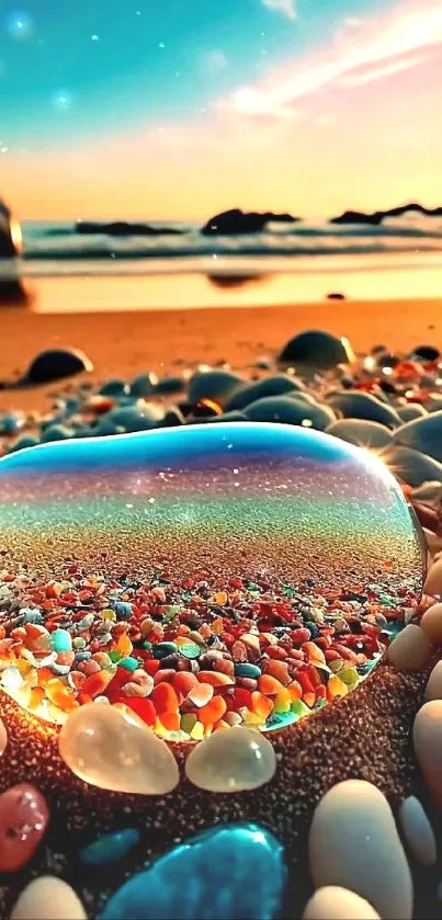 Heart-shaped colorful pebbles on a sunset beach.