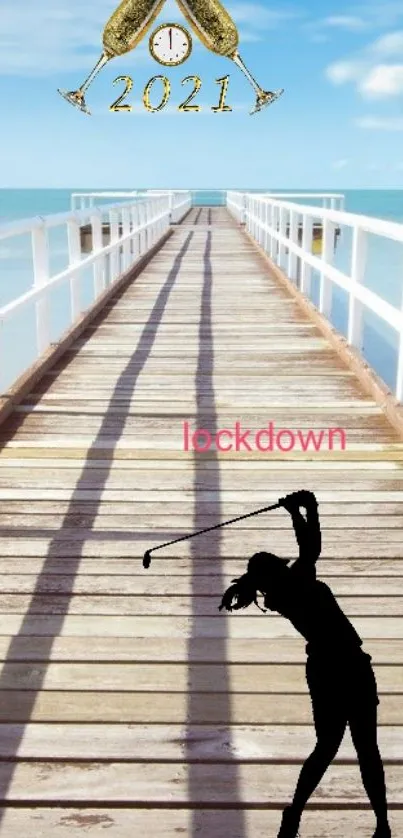 Golf silhouette on a beach pier with 2021 celebration.