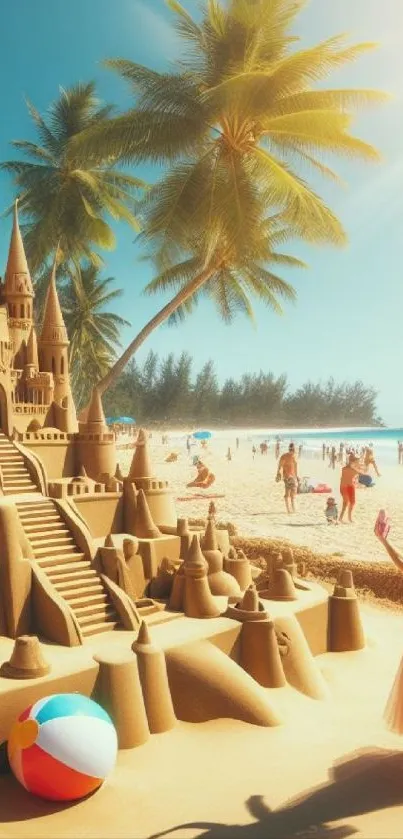 Whimsical beach scene with sandcastle and palm trees on a sunny day.