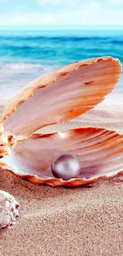 Seashell with a pearl on a sandy beach with an ocean backdrop.