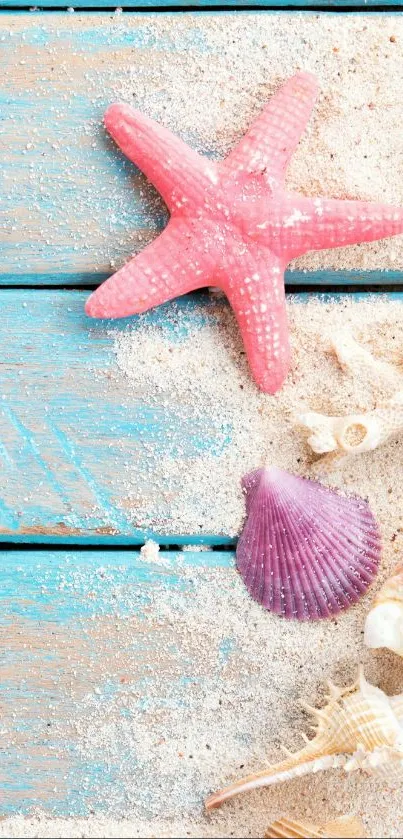 Vibrant wallpaper of starfish and seashells on sandy blue wood.