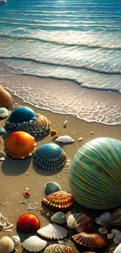 Vibrant seashells on a serene sandy beach with ocean waves in the background.