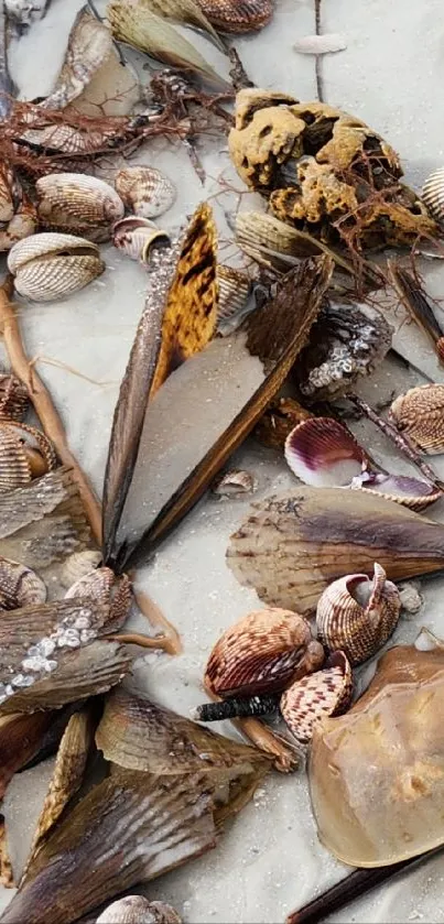 Seashells and marine objects on sand.