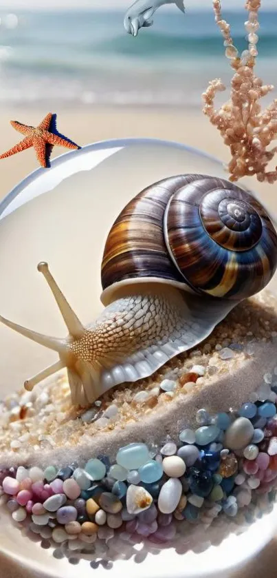 Snail in a glass globe on a sandy beach with pebbles and sea decor.