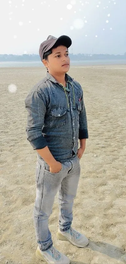 Young man in denim stands on a sandy beach.