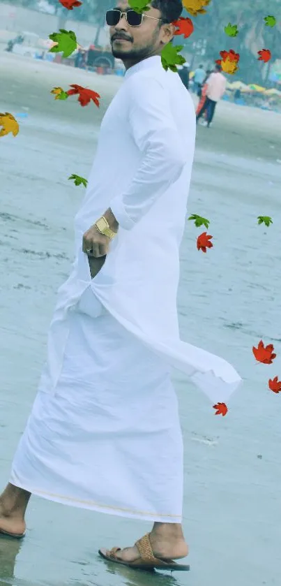 Man in white walking on a serene beach.