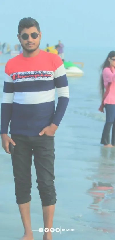 Friends enjoying a casual beach stroll on a sunny day.