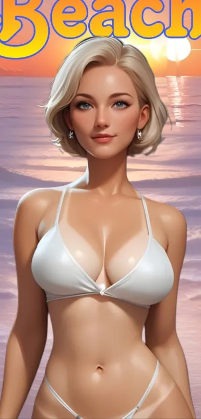 Anime-style woman on sunset beach wallpaper.