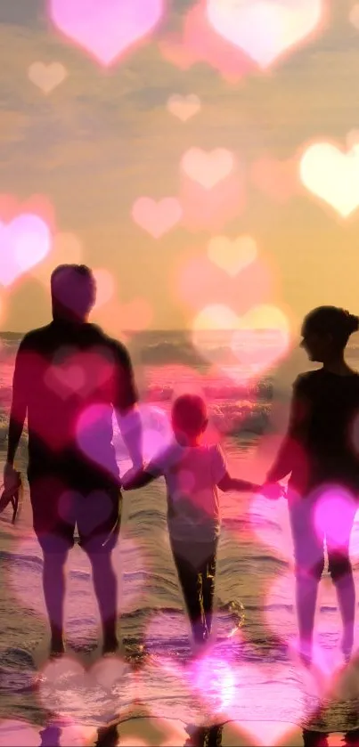 Family silhouette with heart overlay on a sunset beach scene.