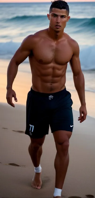 Man walking on a beach at sunset with waves in the background.