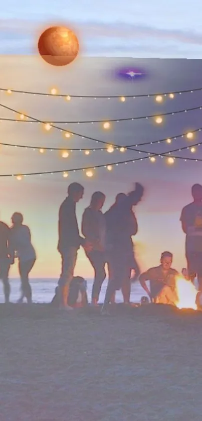 Beach sunset with silhouettes and string lights under a colorful sky.