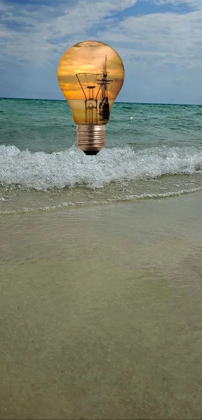 Lightbulb with sunset on ocean beach scene.