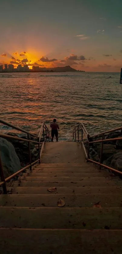 Serene beach sunset with stairway view.