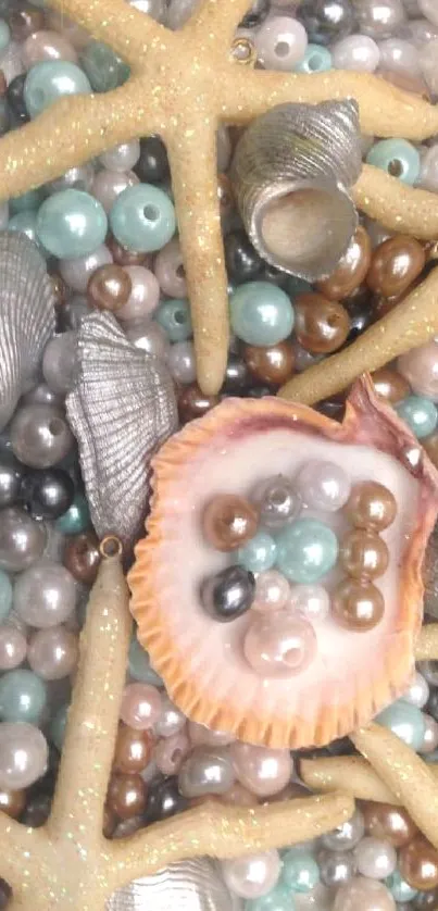 Starfish, shells, and pearls create a beautiful beach-themed wallpaper.