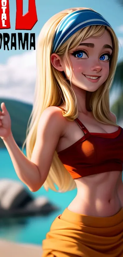 Animated girl with beach backdrop and vibrant colors.