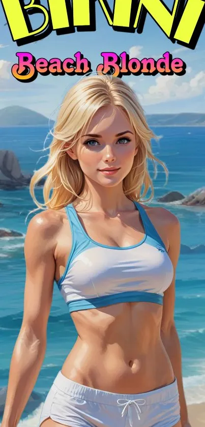 Anime beach scene with blonde girl and blue ocean.