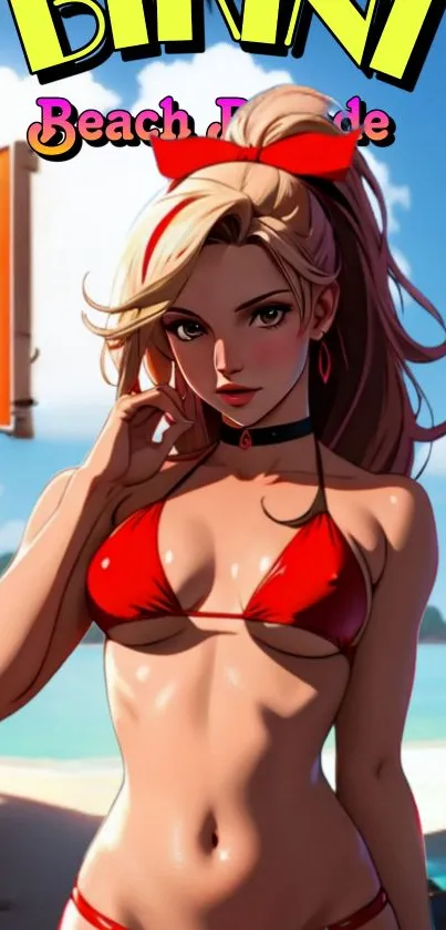 Anime girl in red bikini on beach with tropical background.