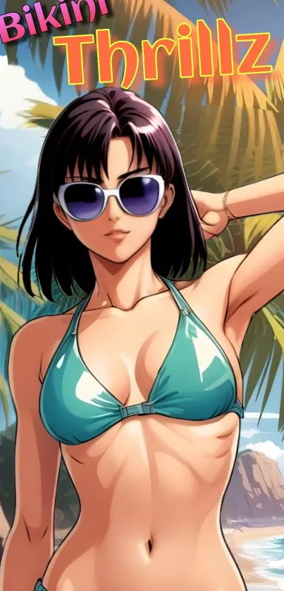 Anime girl in sunglasses and bikini on a tropical beach.