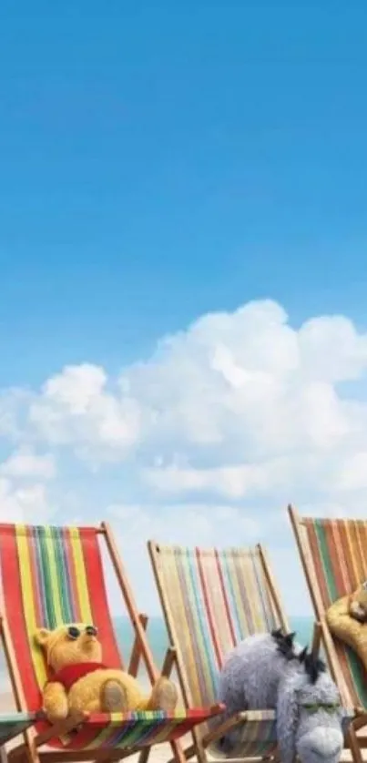 Cartoon characters lounging on a beach under a clear blue sky with colorful chairs.