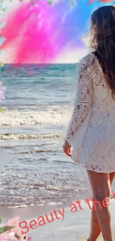 Woman at the beach with vibrant flowers and ocean background.