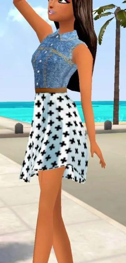 Stylish animated character by the beach with a denim top and patterned skirt.