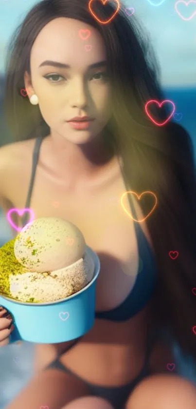 Model on the beach with heart overlays and ice cream in hand.
