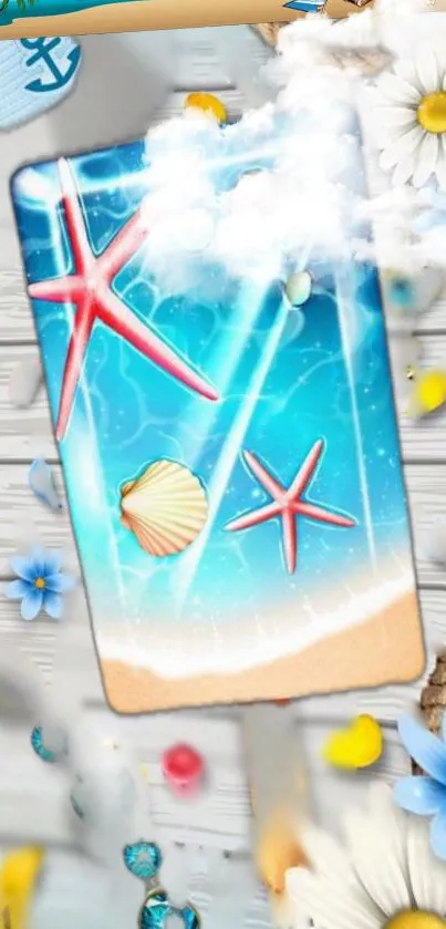 Beach theme wallpaper with starfish and seashells on a blue ocean background.