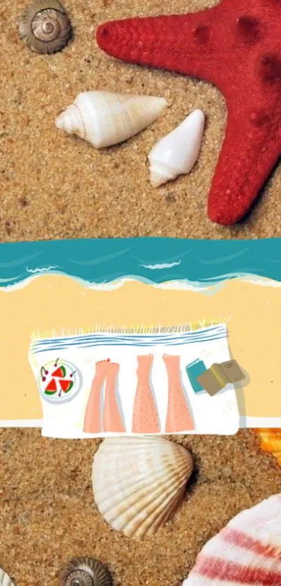 A beach-themed mobile wallpaper with starfish and seashells on sand.