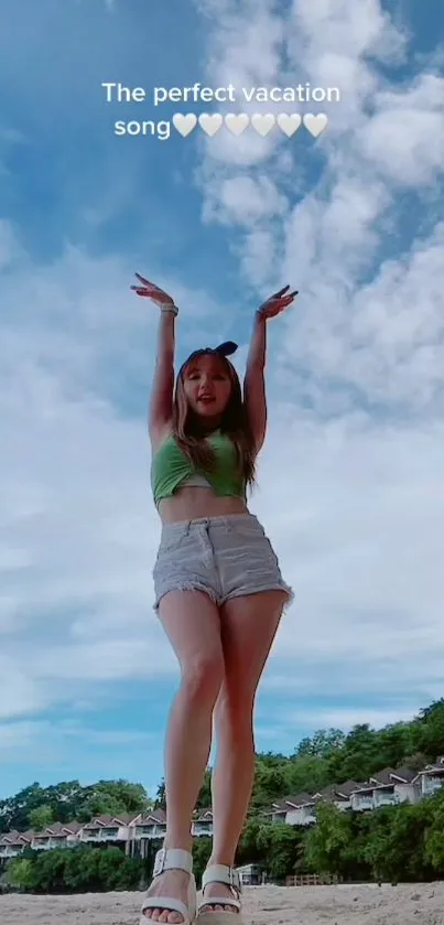 Girl on beach with clear sky, enjoying summer vacation vibes.