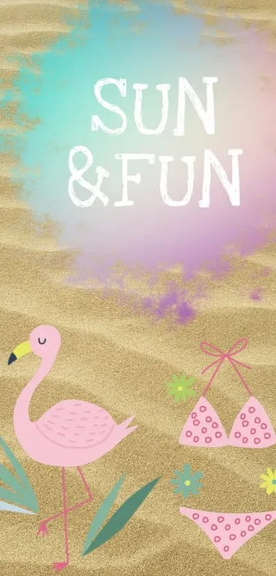 Beach-themed wallpaper with flamingo and sand.