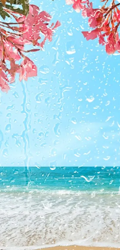 Beach wallpaper with pink flowers over blue sky and ocean waves.