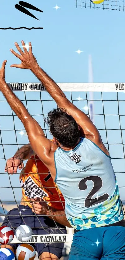 Beach volleyball action shot in vibrant sunshine and blue skies.
