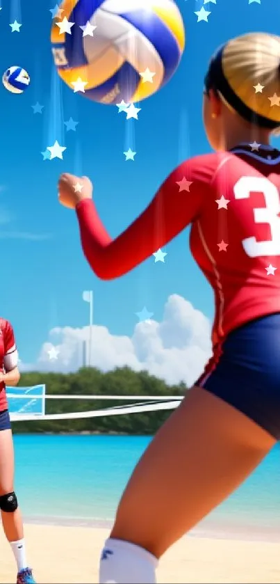 Beach volleyball action with two players and a blue sky backdrop.