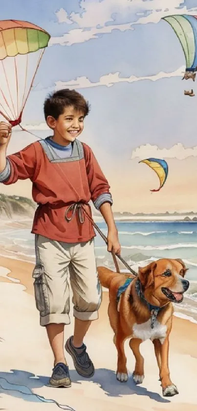 Boy flying kites with dog on a sunny beach.